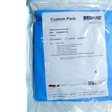 Blood draw kit package for medical testing and diagnostics from Aspire Medical, designed for reliable and efficient blood sample collection.