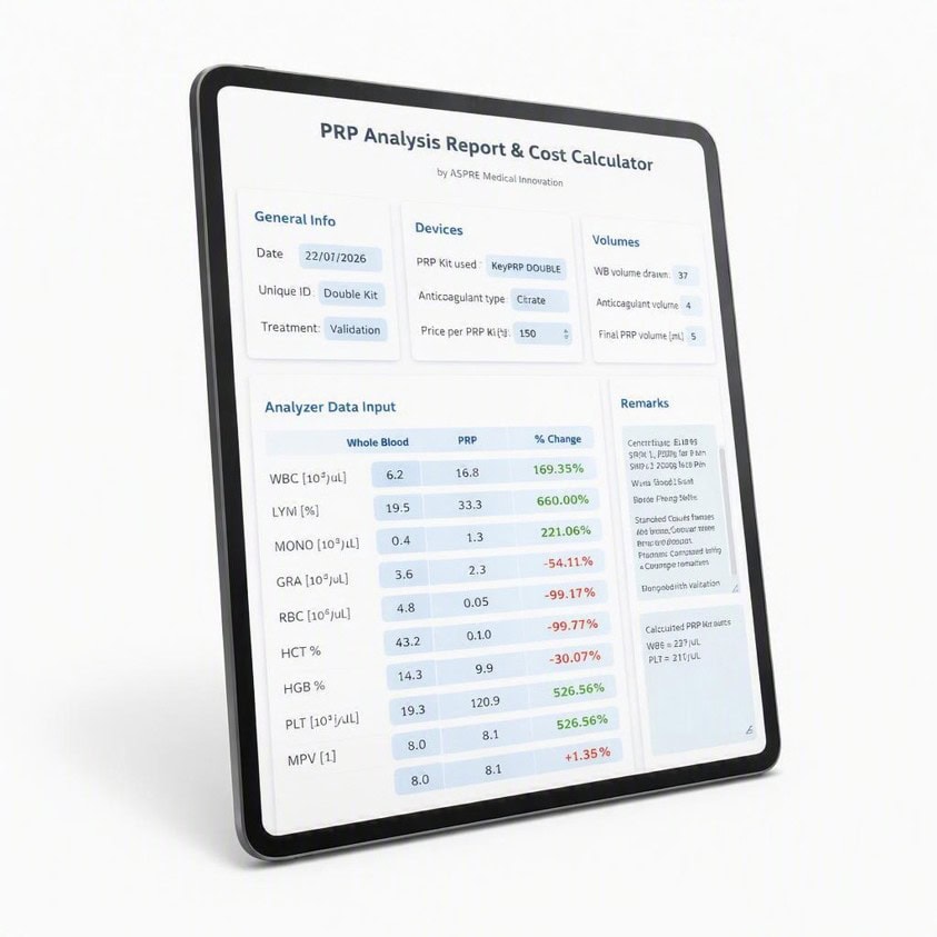 Tablet displaying PRP analysis report and cost calculator for medical innovation at Aspire Medical.